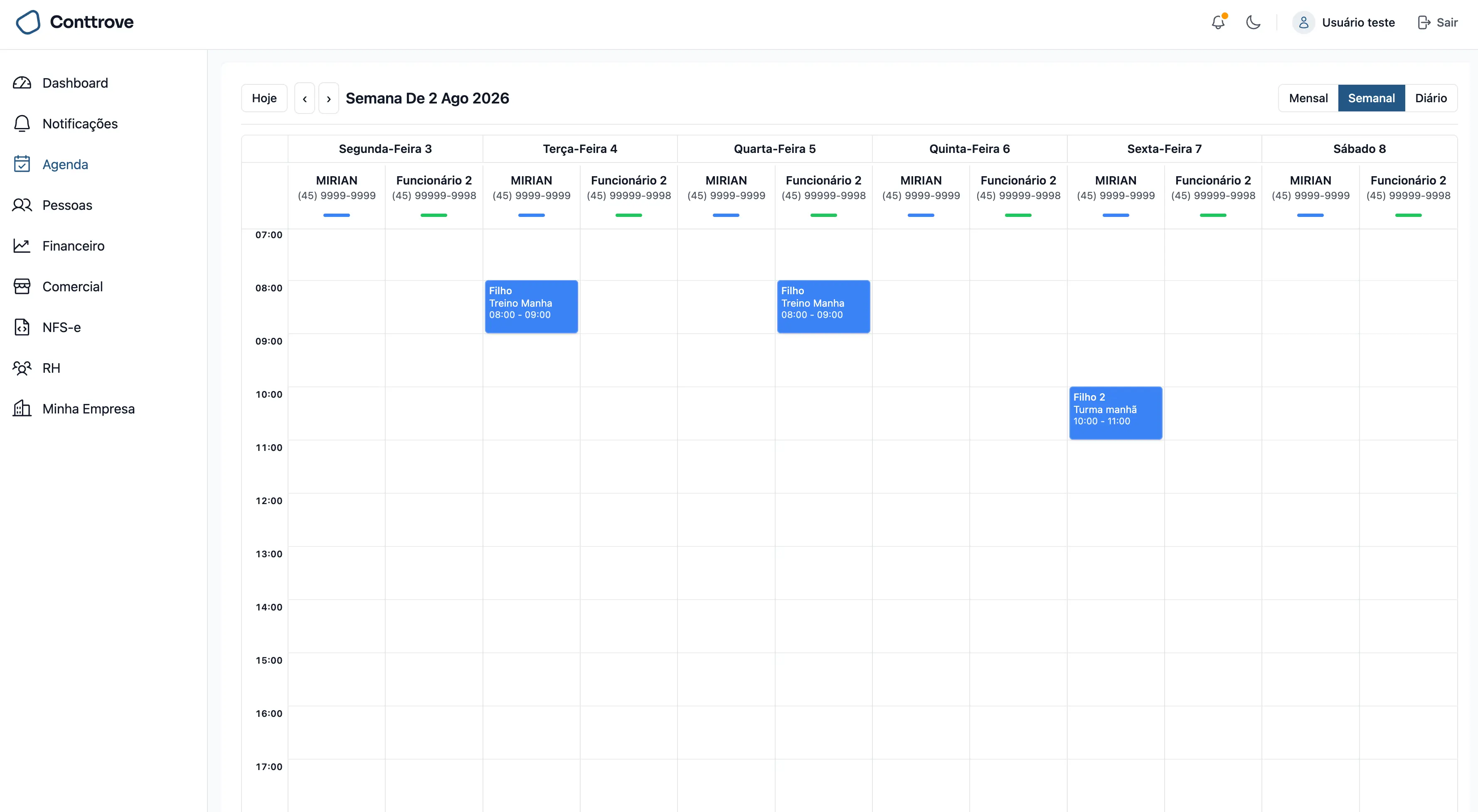 Agenda Conttrove com visualização semanal e profissionais